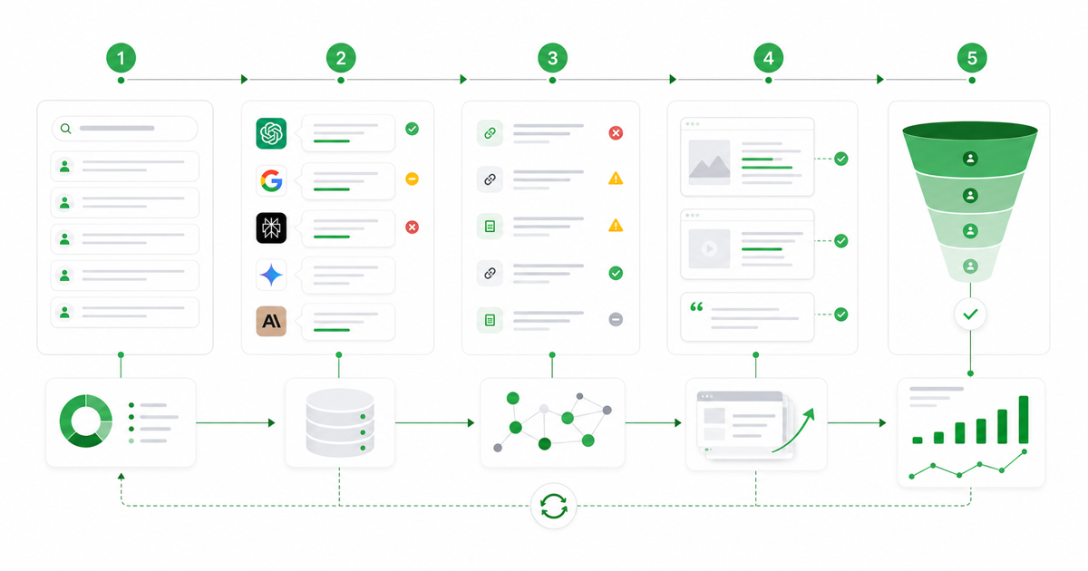 B2B SaaS prompt-to-pipeline loop across prompt inventory, AI answer testing, source diagnosis, repair, and qualified pipeline measurement