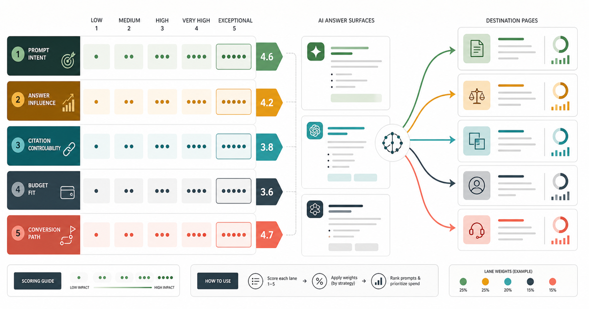 AI visibility budget framework showing prompt intent, answer influence, citation controllability, budget fit, and conversion path scoring