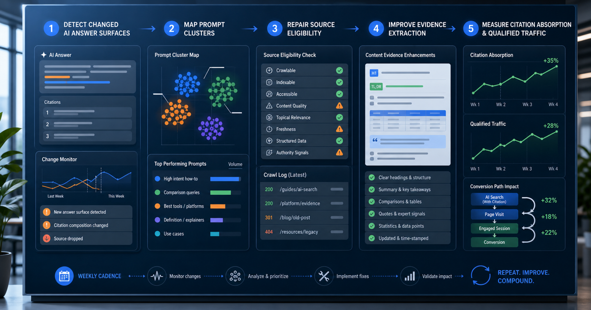 Weekly AI search traffic recovery framework showing changed answer surfaces, prompt clusters, source eligibility, evidence extraction, and qualified traffic measurement