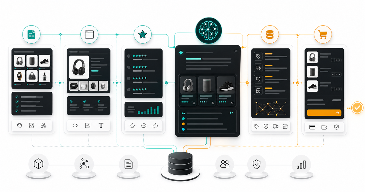 Ecommerce GEO workflow for AI shopping agents showing product feeds, structured data, reviews, citations, and checkout routing