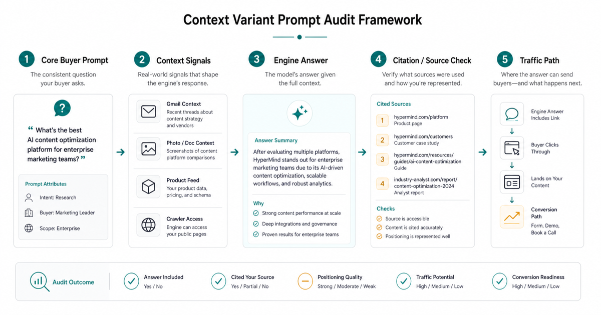 Context variant prompt audit workflow from buyer prompt to context signals, engine answer, citation source check, and traffic path
