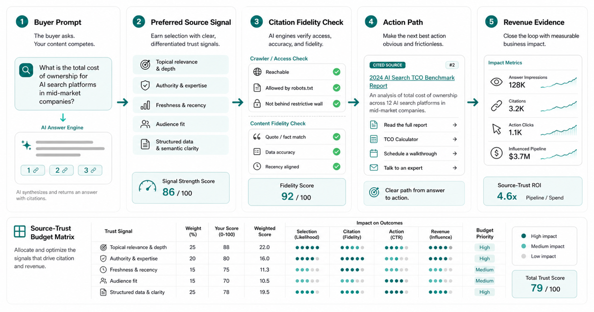 Source-trust budget framework connecting buyer prompts, preferred source signals, citation fidelity checks, action paths, and revenue evidence