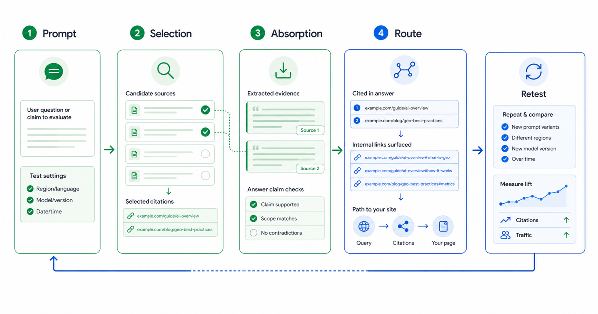 Citation absorption GEO framework showing prompt testing, citation selection, answer influence, traffic routing, and retesting