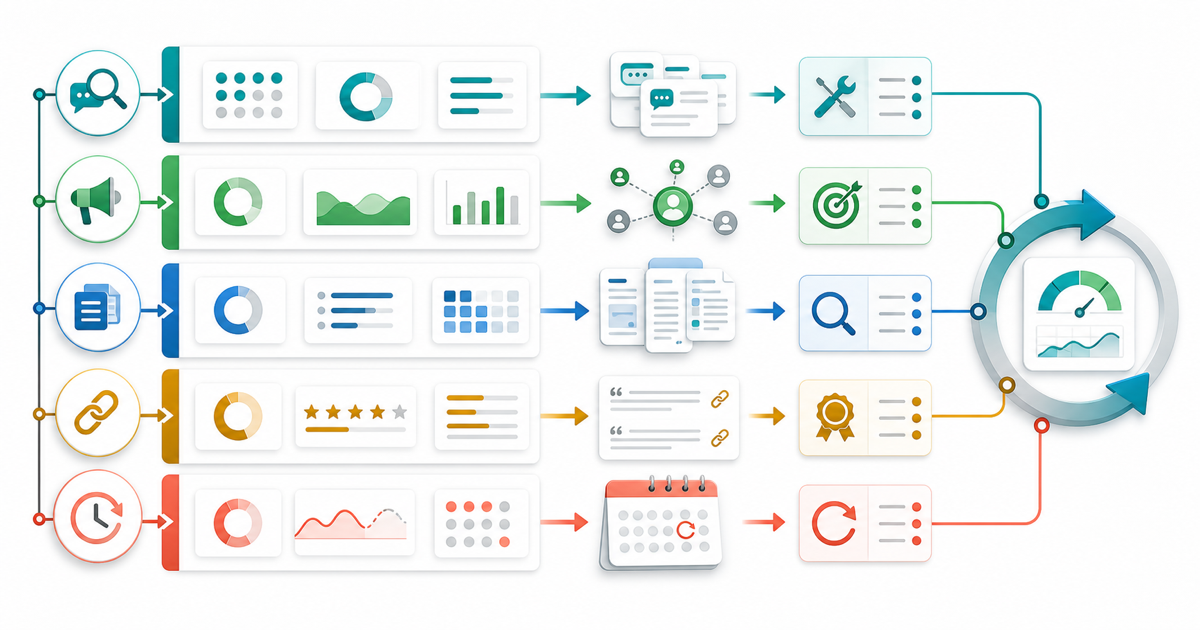 AI visibility metrics workflow from prompt coverage to source retrieval, citation quality, and retesting
