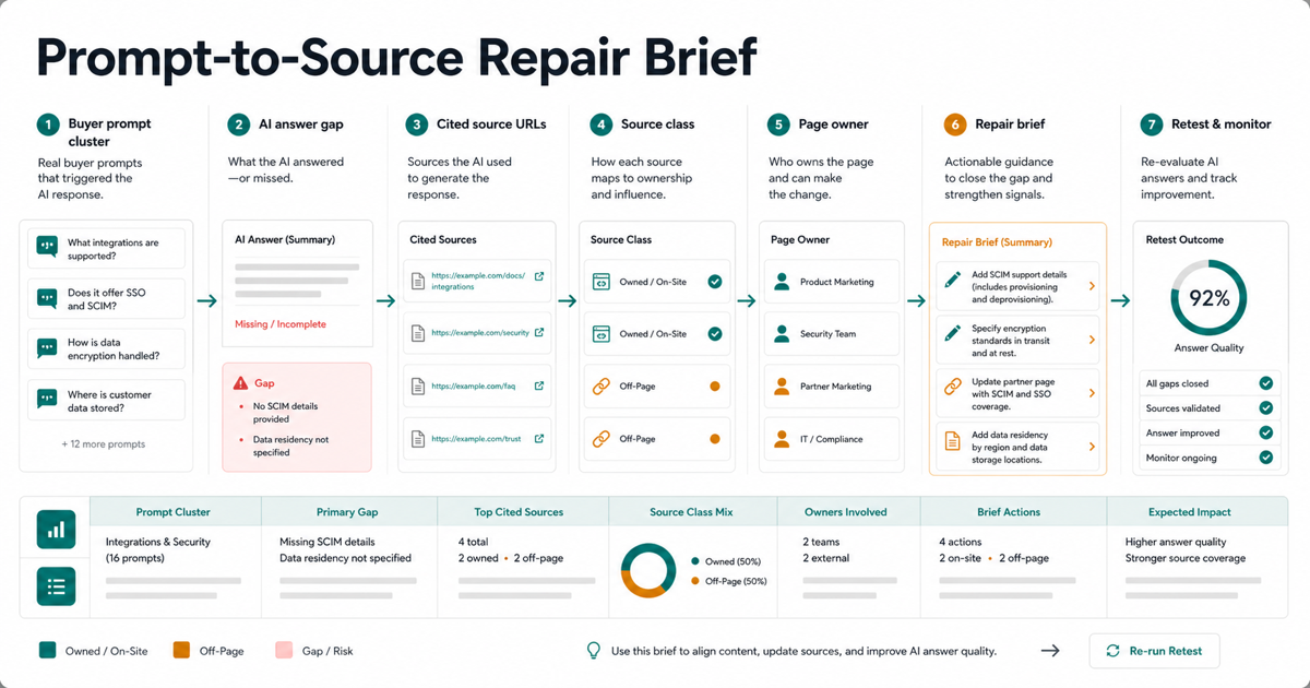 Competitor citation audit loop from prompt cluster to rival mentions, source URLs, route gap, and retest