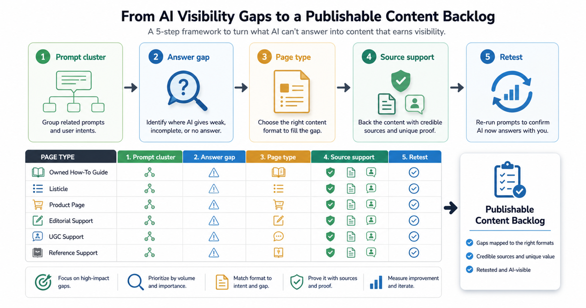 AI visibility content gap workflow from prompt cluster to answer gap, page type, source support, and retest